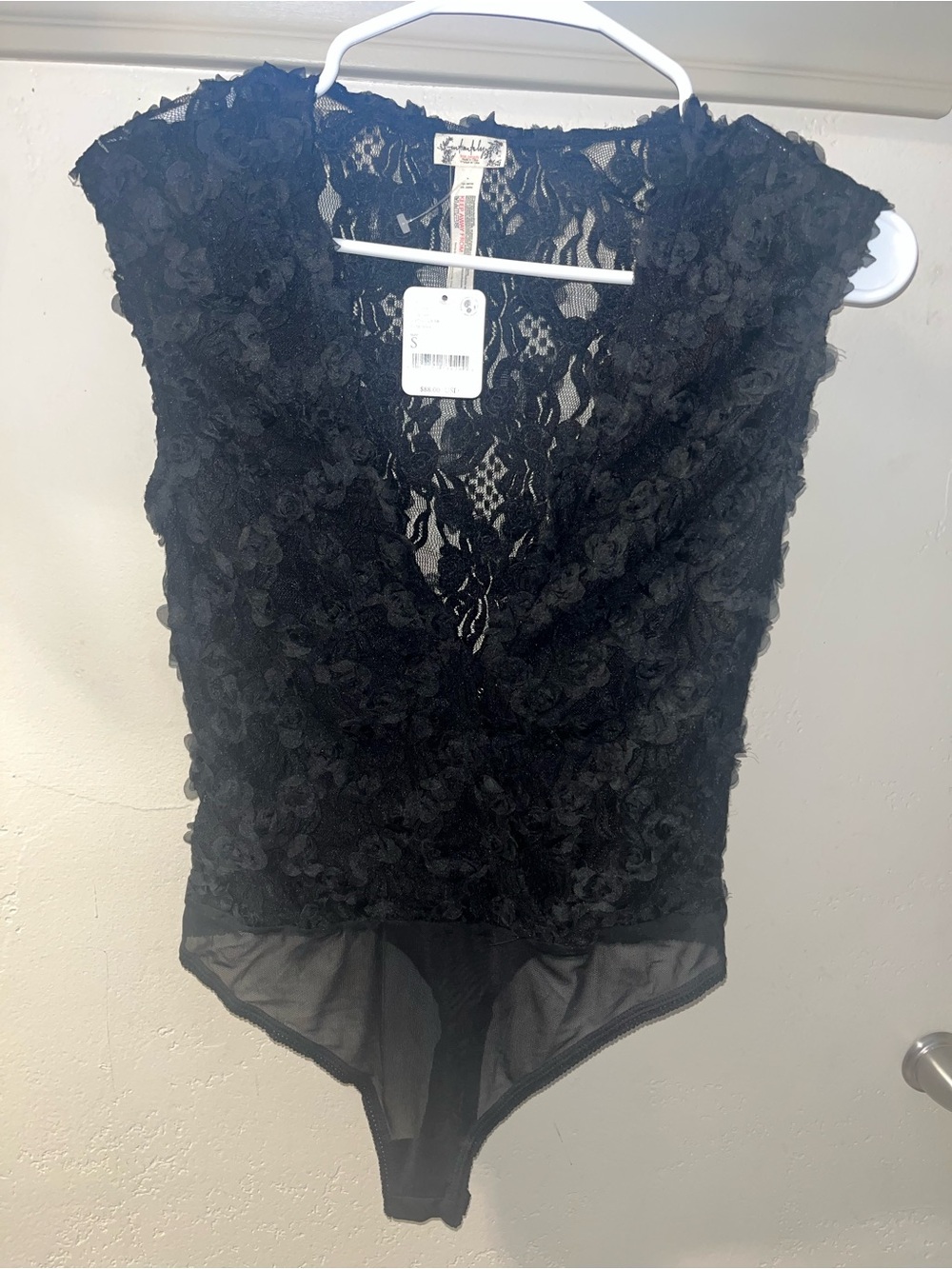 Free People Black Lace Floral V-Neck Bodysuit